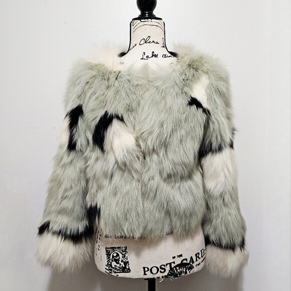 New Real Fox Fur Overcoat Jacket Blazer Eggshell Grey Pistachio Abstract No Mink - Picture 1 of 5